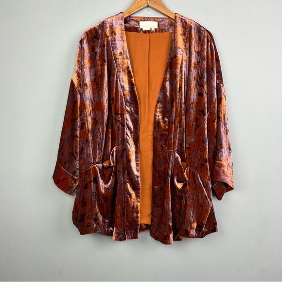 Anthropologie Esme Velvet Kimono jacket size XS open front Brown and Purple - Picture 5 of 15